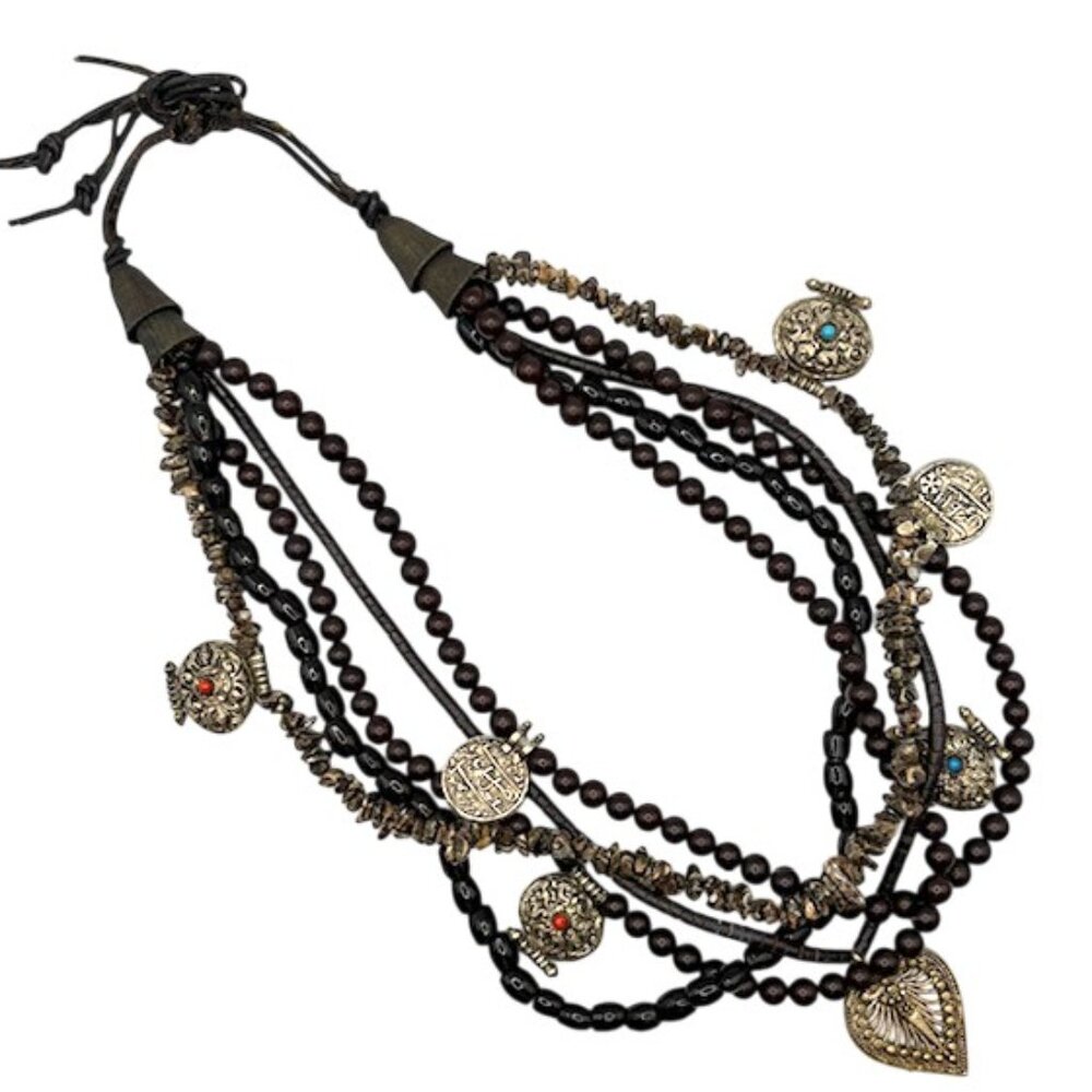 VTG Multi-Strand Ethnic Tribal Boho Bead Necklace with Silver-Tone Medallions